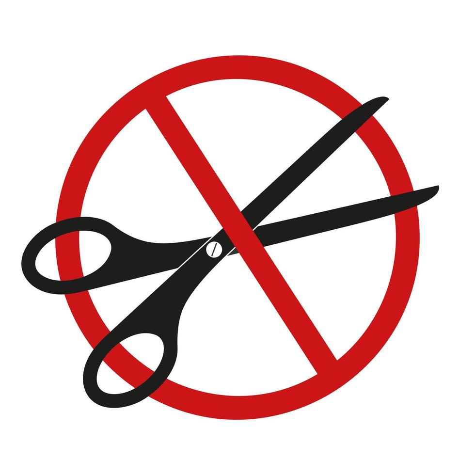 tijeras con señal roja prohibida. no corte el icono de prohibición. símbolo de dejar de cortar vector