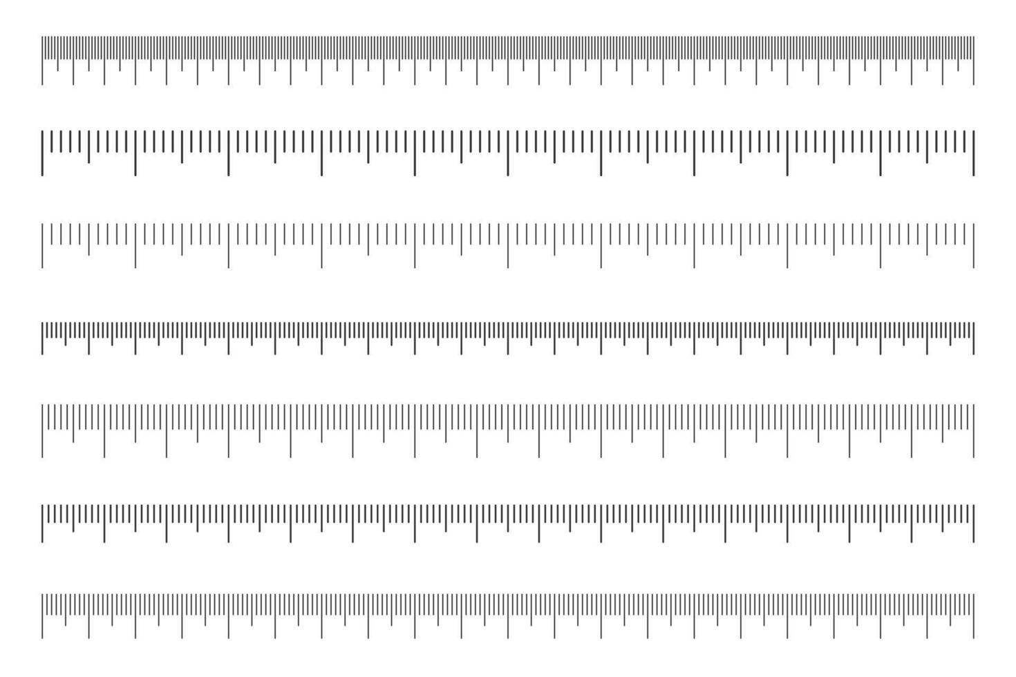 escala del conjunto de reglas. Tabla de medidas horizontales con marcado en centímetros y milímetros. medición de distancia, altura o longitud herramienta matemática o de costura vector