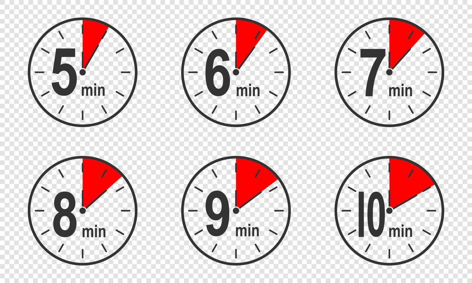 iconos de temporizador con intervalo de tiempo de 5, 6, 7, 8, 9, 10 minutos. reloj de cuenta regresiva o símbolos de cronómetro. elementos infográficos para cocinar instrucciones de preparación vector