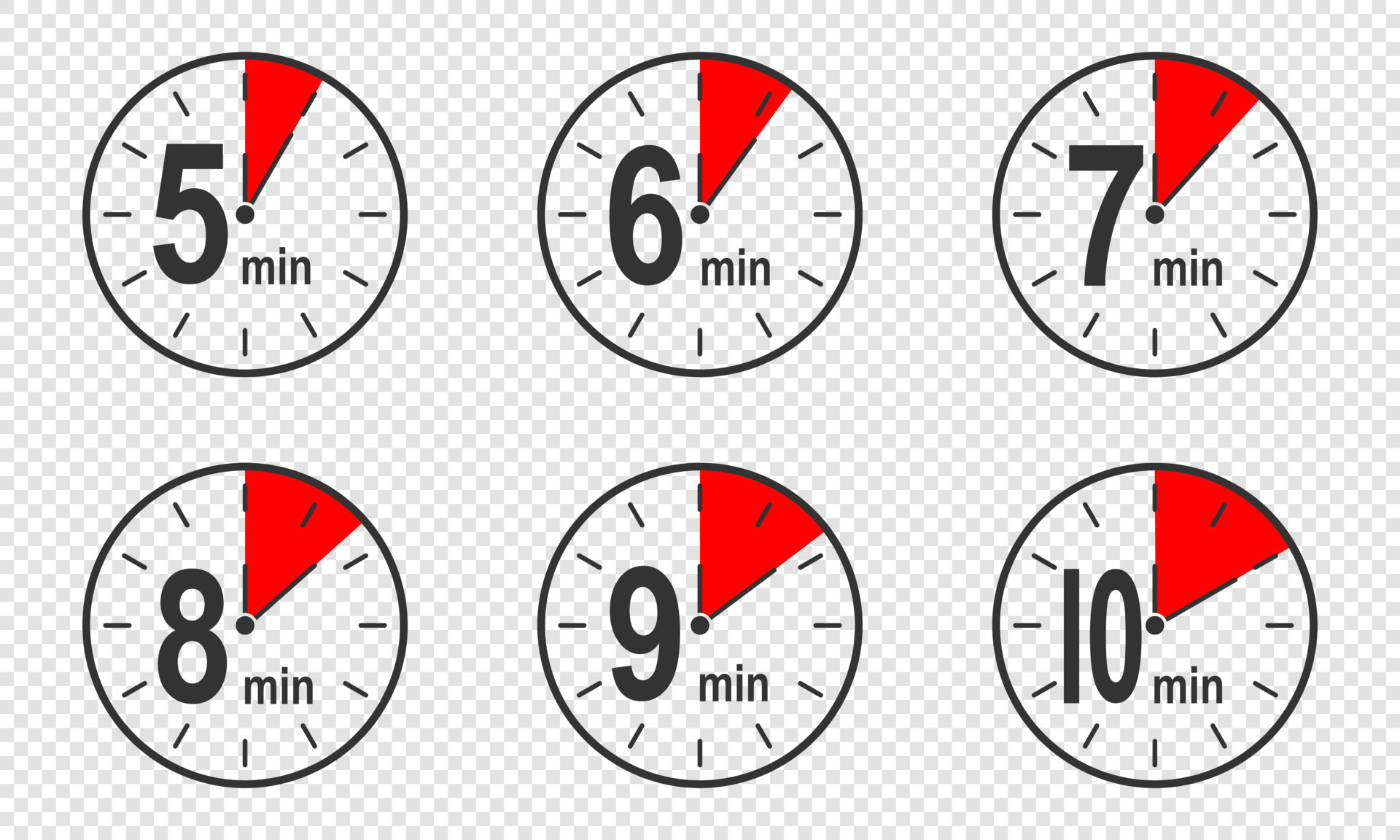 iconos de temporizador con intervalo de tiempo de 5, 6, 7, 8, 9, 10 minutos.  reloj de cuenta regresiva o símbolos de cronómetro. elementos infográficos  para cocinar instrucciones de preparación 15601790 Vector en Vecteezy
