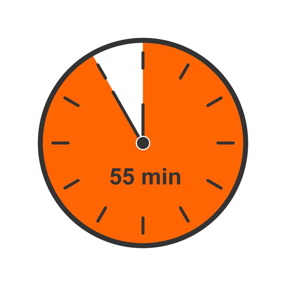 icono de reloj con intervalo de tiempo de 55 minutos. temporizador de cuenta regresiva o símbolo de cronómetro. esperando medianoche, concepto de noche de año nuevo. elemento infográfico para cocina o juego deportivo. vector