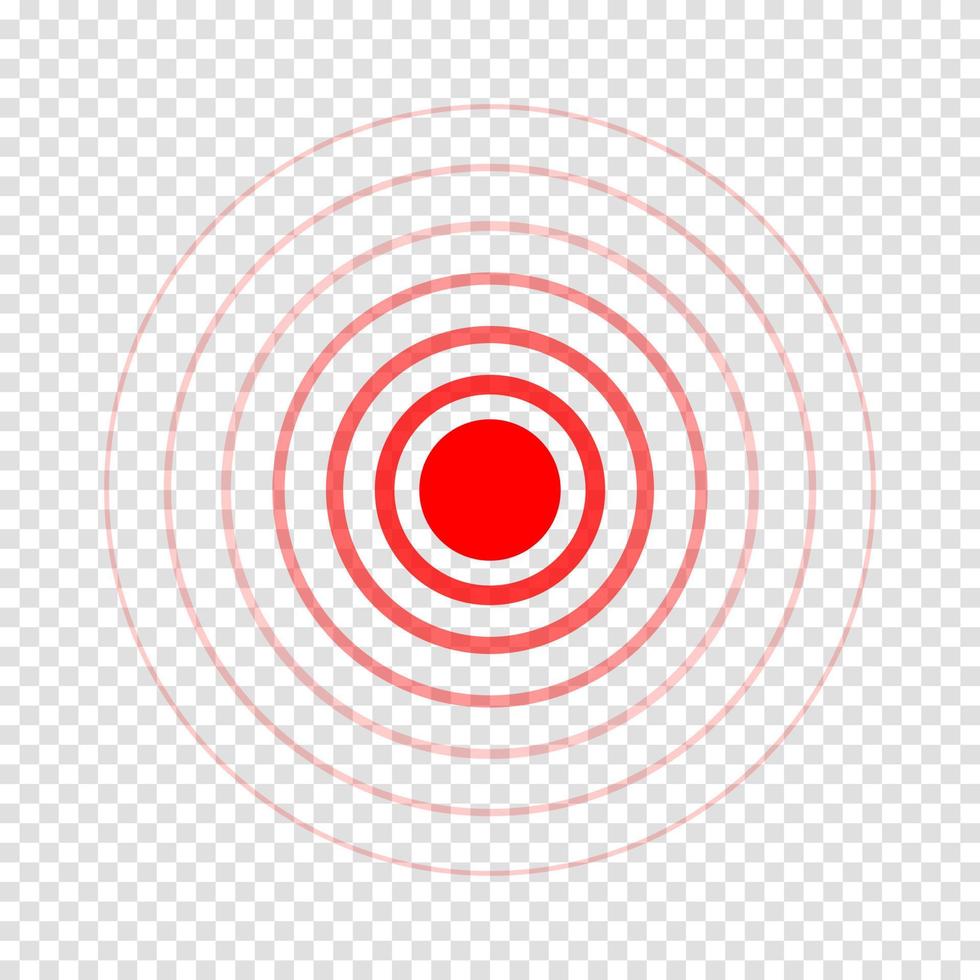 Pain point icon. Red hurt symbol. Concentric ache localization sign isolated on transparent background. Radar or sonar wave vector