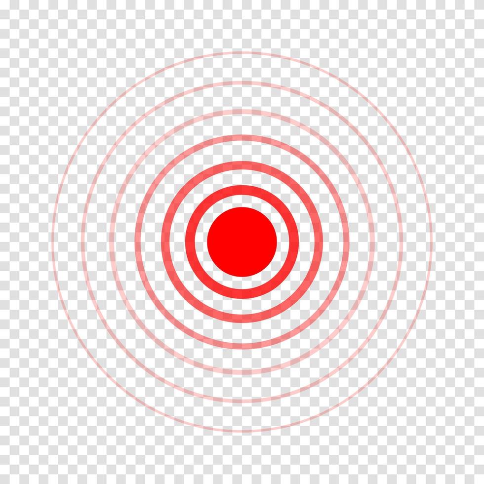 icono de punto de dolor. símbolo de dolor rojo. signo de localización de dolor concéntrico aislado sobre fondo transparente. onda de radar o sonar vector