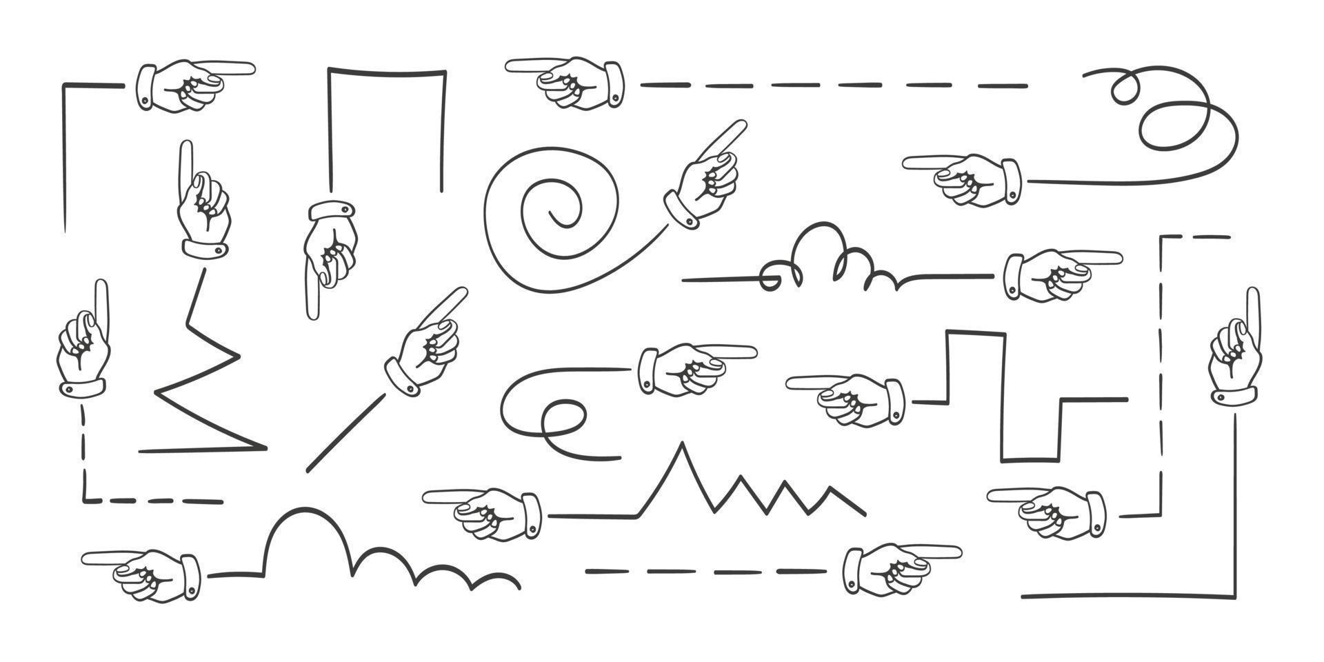 Arrows. Hand drawn arrows. Index finger instead of an arrow. Doodle curved arrow. Vector illustration