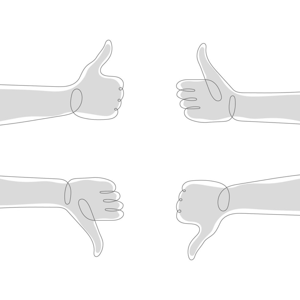 Like and Dislike sign. One line human hands. Thumbs up and thumbs down. Vector illustration