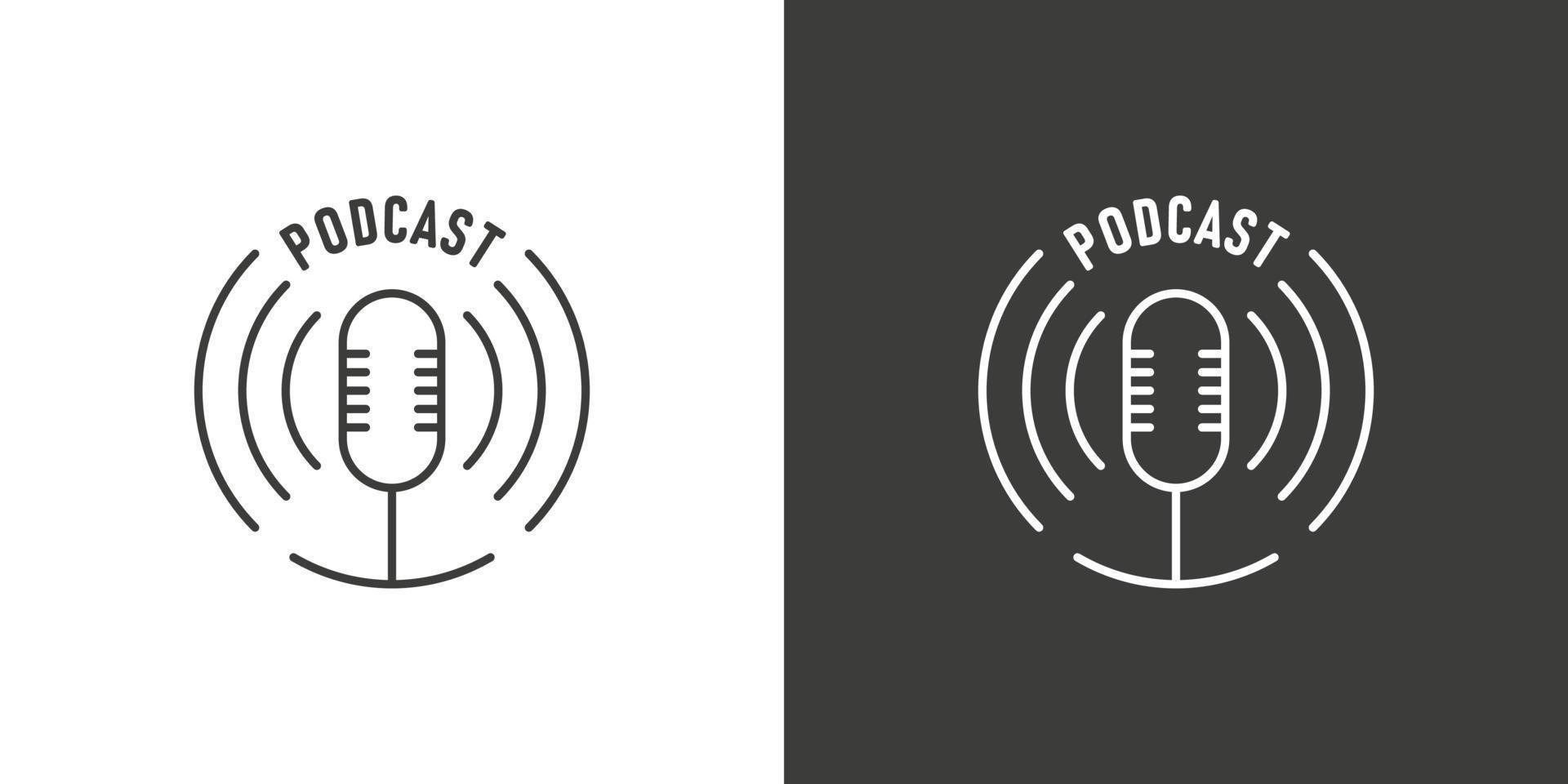 Emblems for broadcast. Podcast logos and symbols, icons with studio microphone. Vector illustration