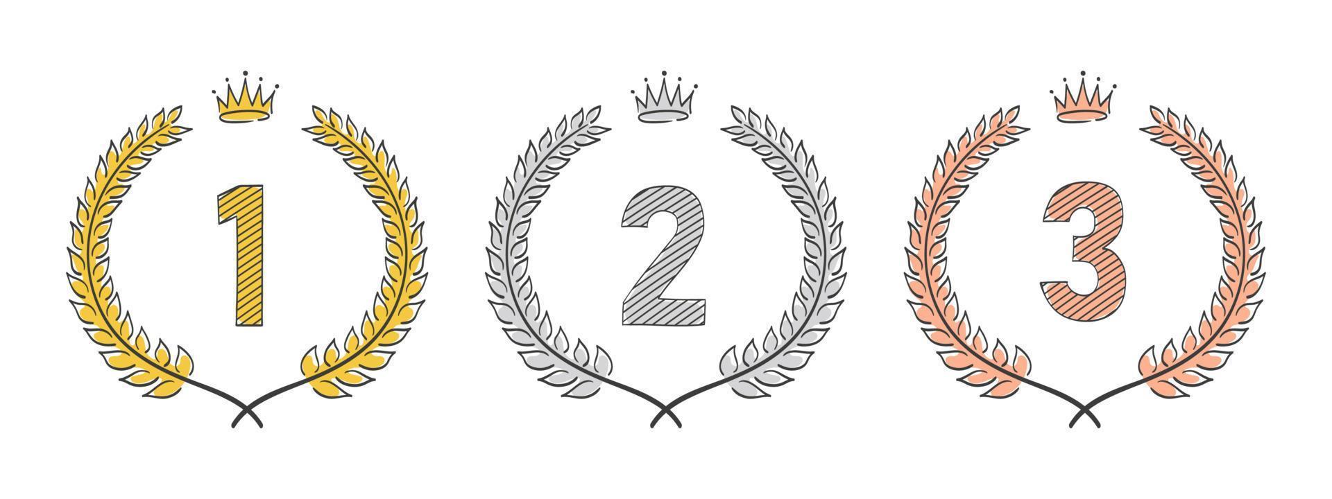 Set of ranking icon with wreaths and crown. Vector illustration of hand drawn wreaths