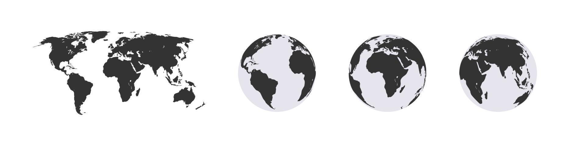 World Map and globes. Globes of Earth. Vector illustration modern simple style