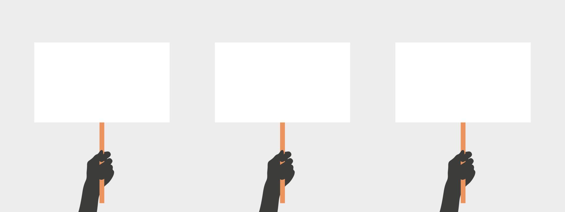 Hands hold a board for advertising. People with placards. Placard protest. Human hands hold a blank. Vector illustration
