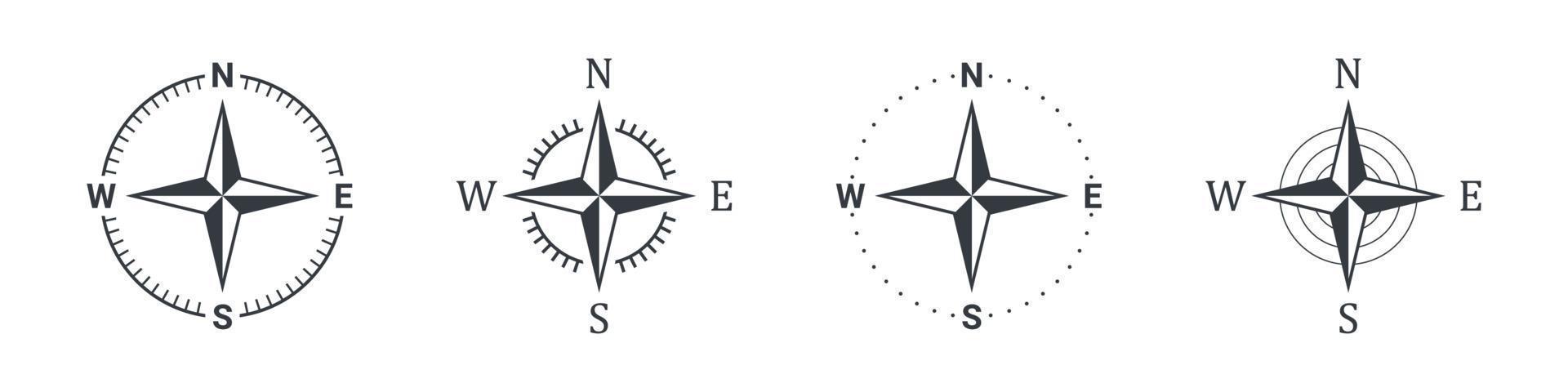 Compass icons. Navigation equipment sign. Compass direction sign. Wind rose icon. Vector illustration