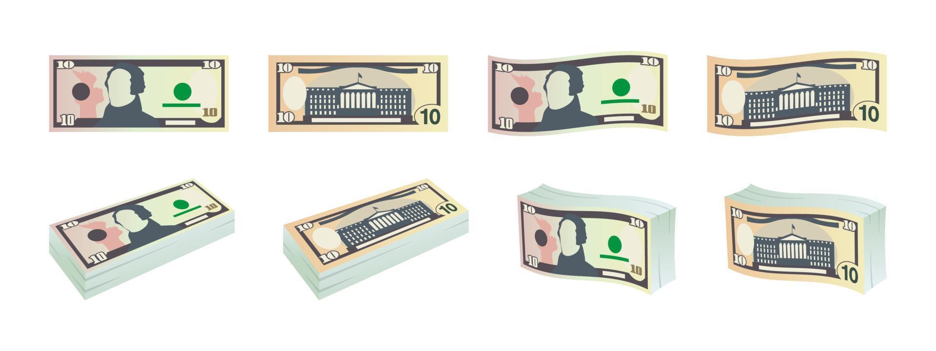 Dollars icons. Ten dollar bills. Dollars banknotes from front and reverse side. Dollar's banknotes set. Vector illustration