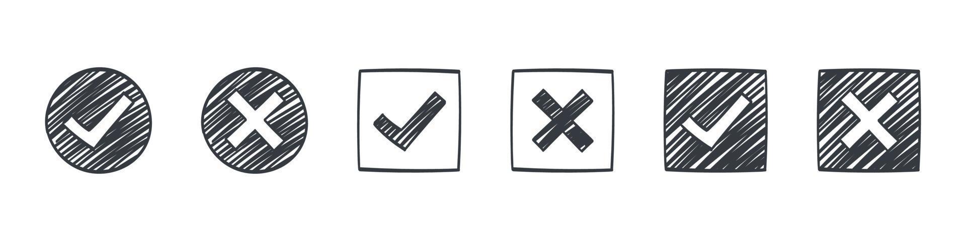 Check marks. Drawn icons of check marks. Checkbox icons and sketch check marks signs. Vector illustration