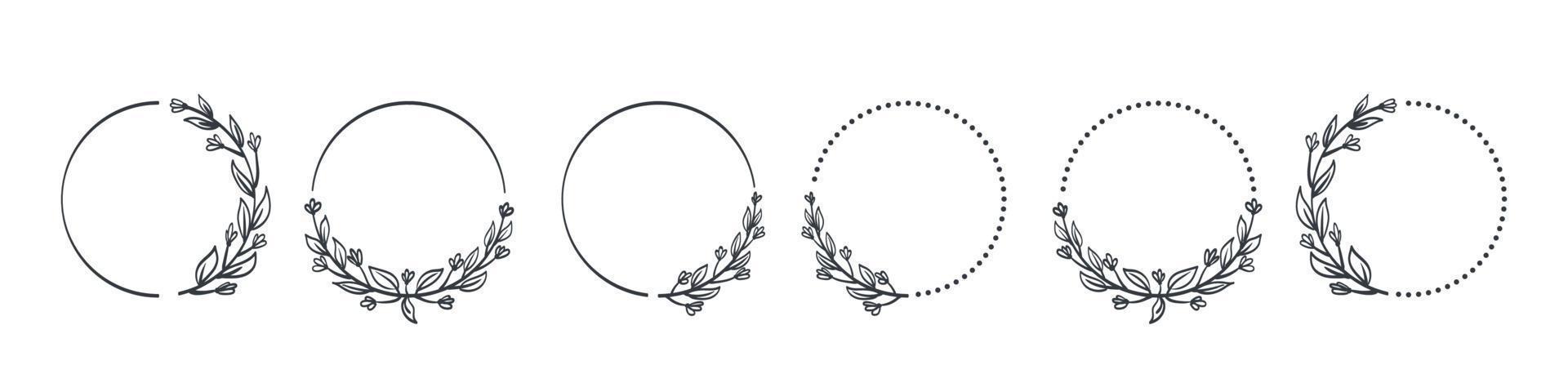 Wreaths icon set. Frames branches wreaths. Hand drawn leaves decorative elements. Vector illustration