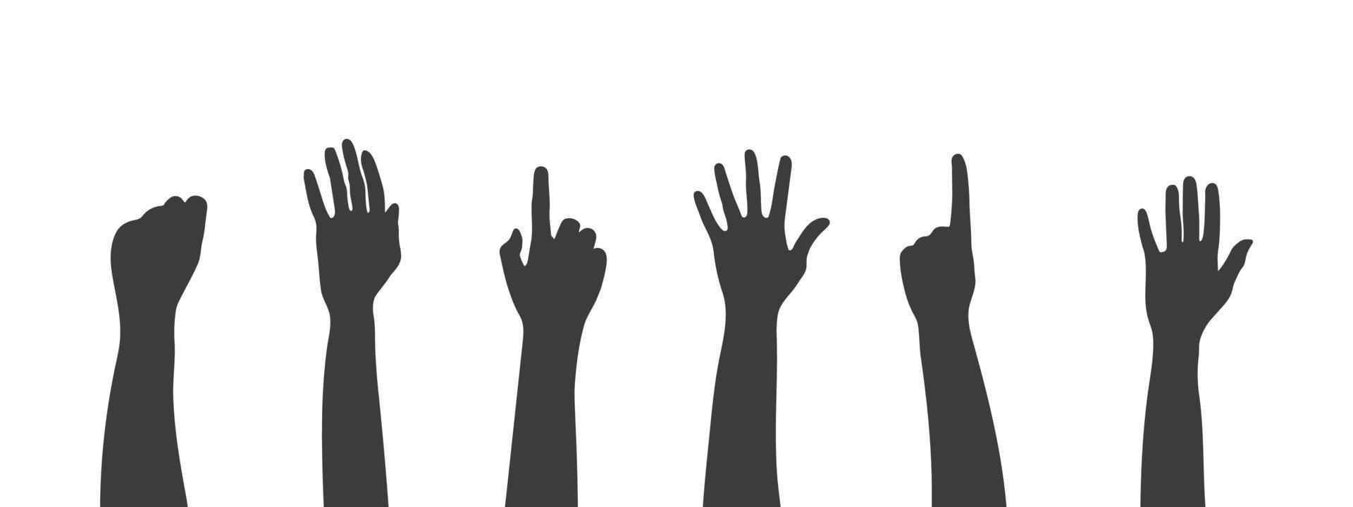 Different silhouettes hands. Black human hands. Arms and hands raised. Vector illustration