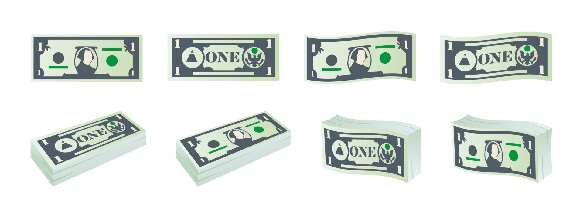 Money icons. Dollar banknotes. One dollar bills. Dollars banknotes set. Vector illustration