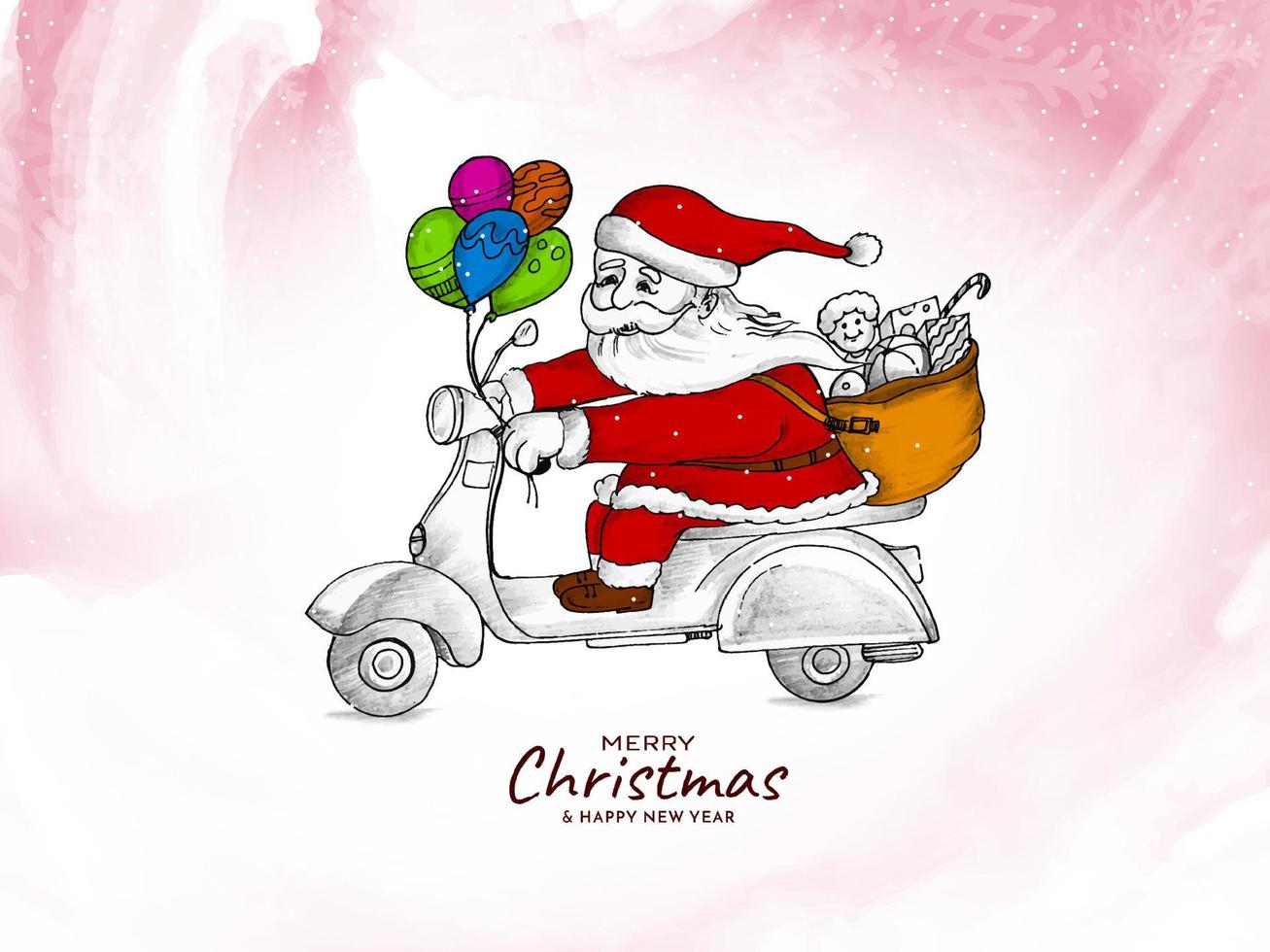 Merry Christmas festival background with santa claus on scooter vector