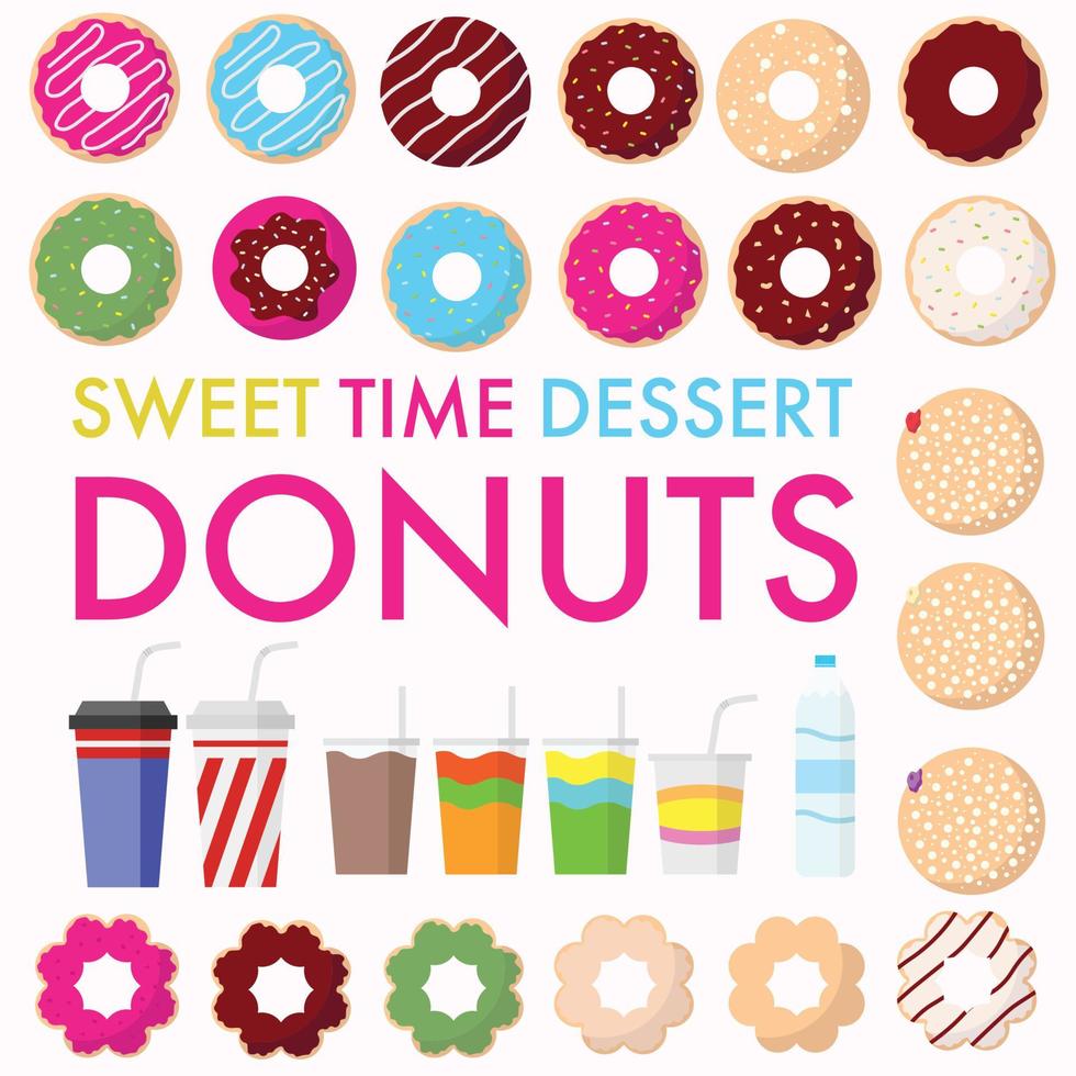 Sweet time dessert donuts vector illustration in flat style. Set of colorful donuts and beverage. Top view doughnuts collection into glaze for menu design, cafe decoration, delivery box.