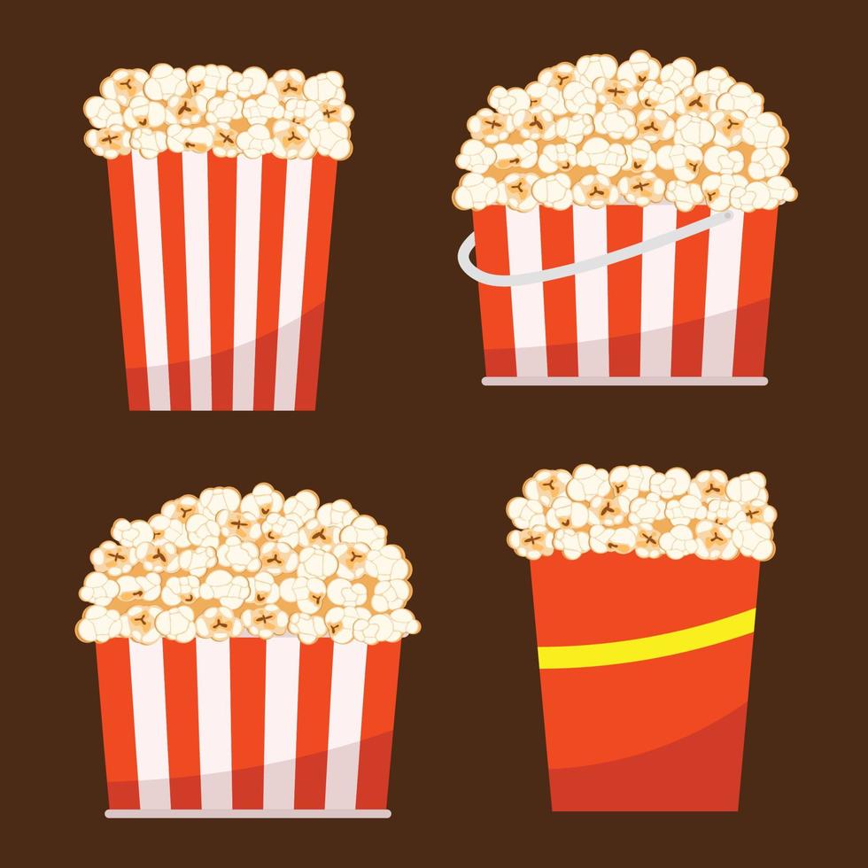 Set of popcorn bucket items. Classic striped red white cardboard box in cartoon style for cinema. Pieces icons set vector illustration on brown background. Design for web developer, popcorn cafe, food