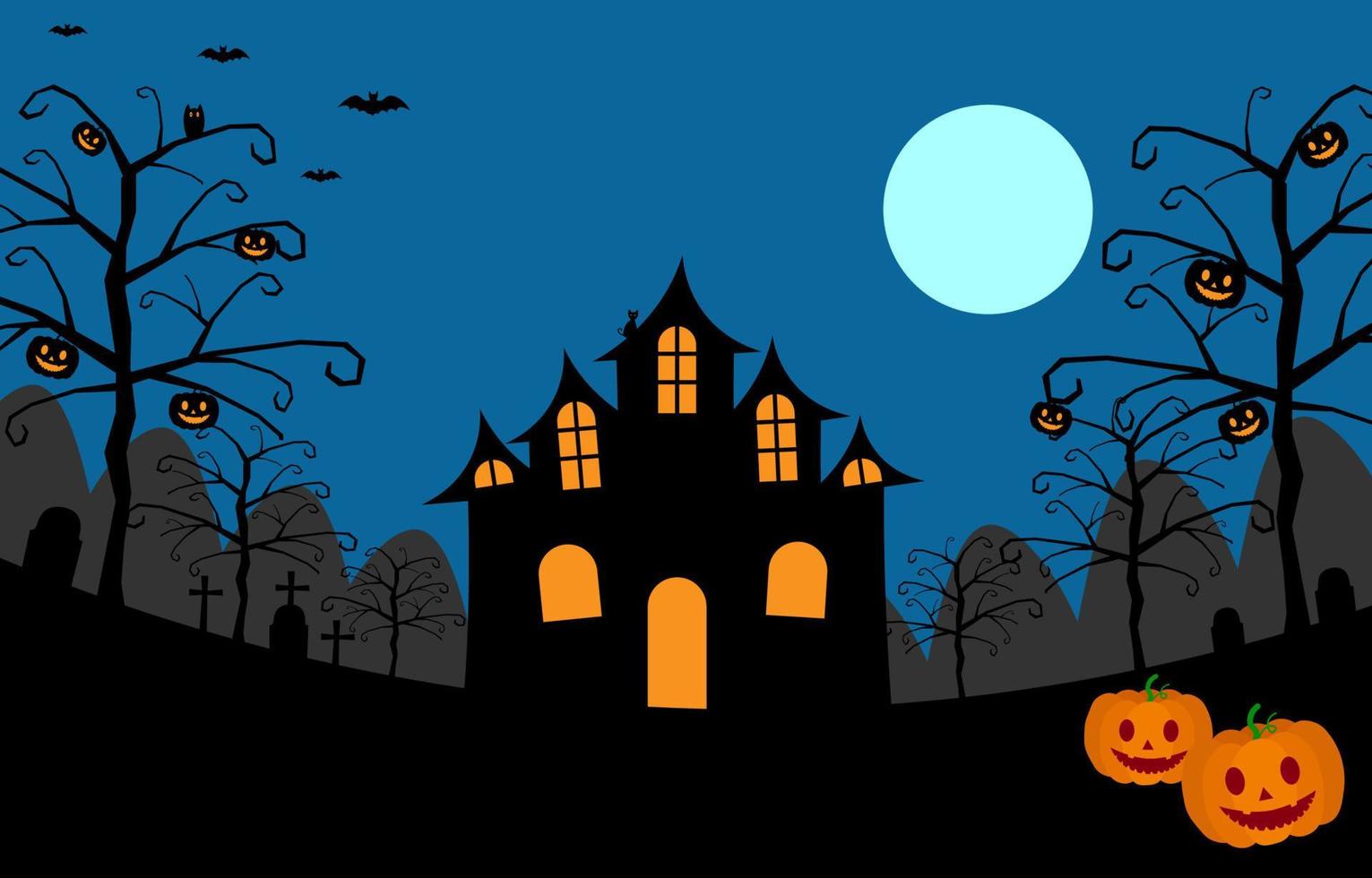 Halloween night background with scary pumpkins, dark castle, tombstones, crosses, spooky trees, owl, black cat, flying bat and full moon on blue background. Vector illustration Halloween day concept.