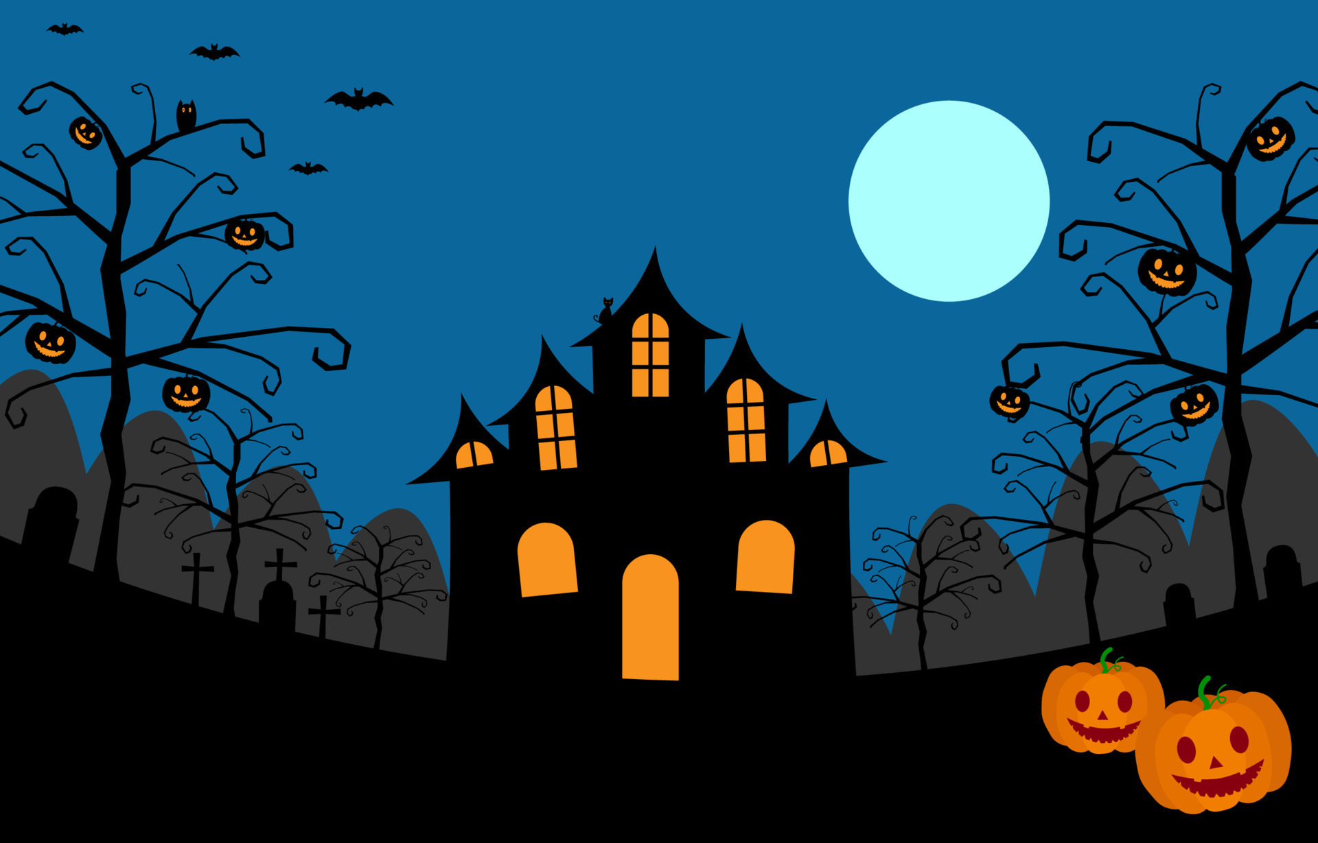Halloween night background with scary pumpkins, dark castle, tombstones, crosses, spooky trees