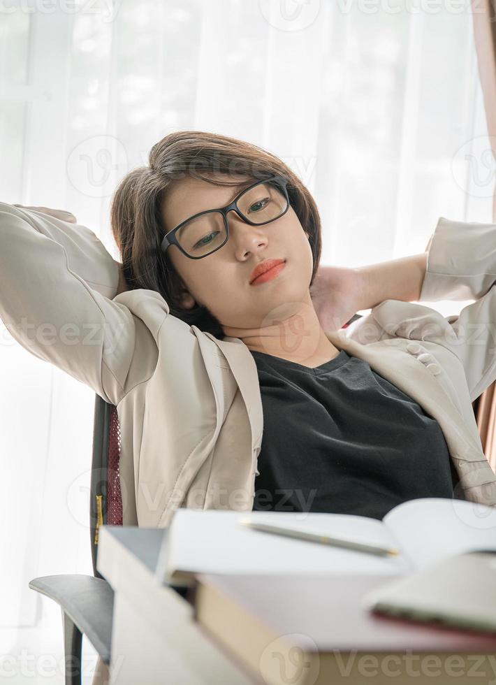 Teenage girl short hair relaxed after working photo