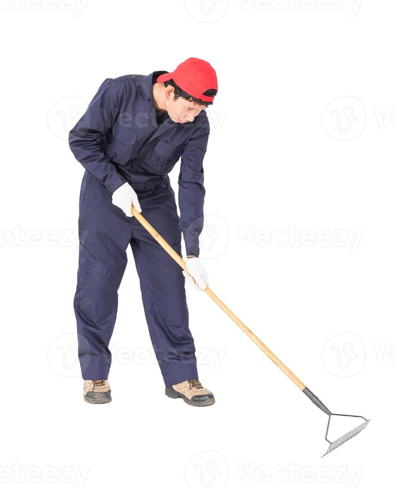 Gardener with garden tools on white photo