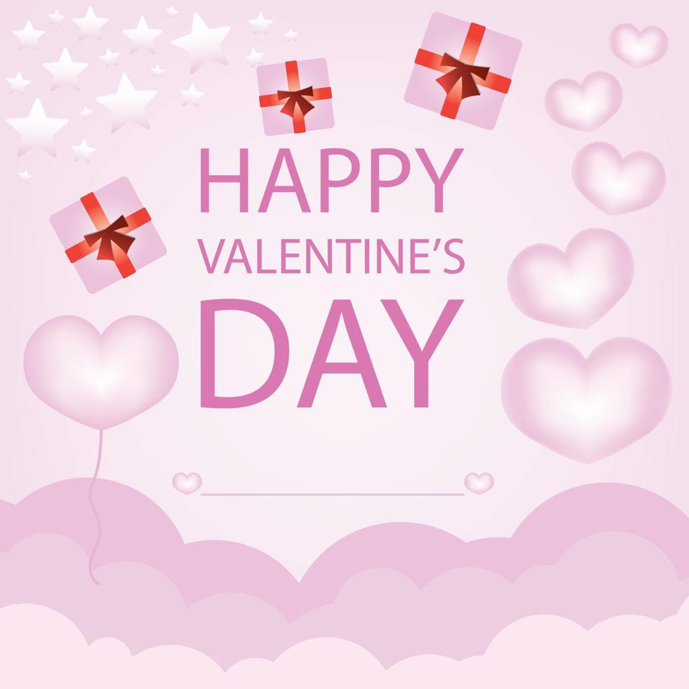 Happy Valentine's day sweet pastel pink love concept. Vector illustration clouds stars gift box heart ballon frame on pink background. Paper cut style. Place for text on greeting card poster voucher.