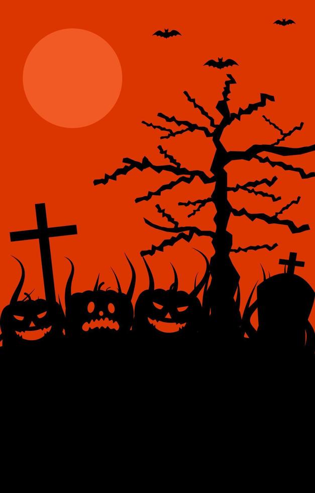 fondo de halloween con calabazas aterradoras, cruces, lápidas, árboles espeluznantes, murciélagos voladores y luna llena. siluetas negras horror halloween concepto sobre fondo naranja. vector