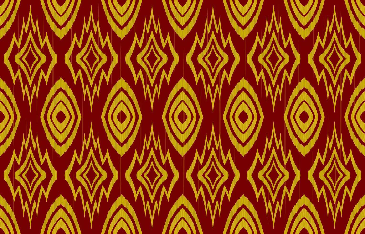 Ikat ethnic ornate golden fabric seamless pattern on red background. Geometric tribal indian navajo aztec vintage retro style. Vector design for decorate backdrop, endless texture, fabric, textile.