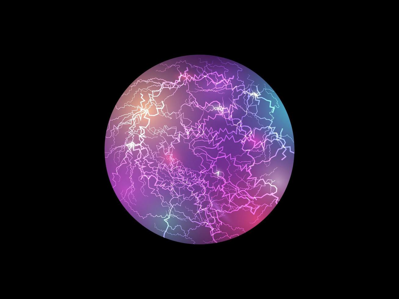 Technology magic sphere. Electric ball. Lightning circle strike impact place. Plasma sphere in purple color on dark background. Powerful electrical discharge. Magical energy flash. Vector illustration