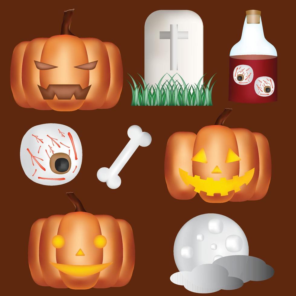 conjunto de iconos de halloween. calabaza, tumba, hueso, luna, globos oculares en un frasco. elementos de diseño para el festival de halloween en una noche aterradora. ilustraciones vectoriales. logotipos, iconos, objetos, colección de símbolos. vector