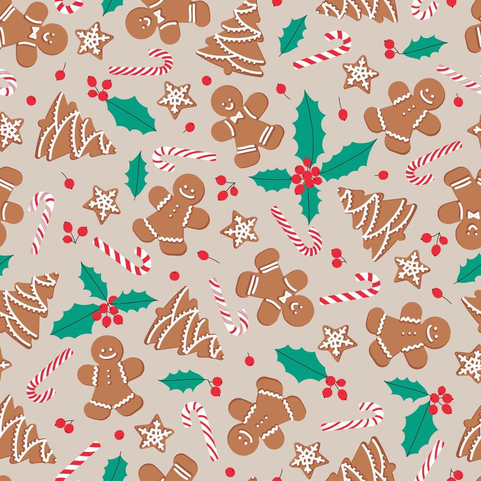 hombres de pan de jengibre, árboles, estrellas con bastones de caramelo y hojas de acebo y bayas sobre fondo beige. patrón de vector transparente para el día de año nuevo. vacaciones de navidad, cocina, fondo de fin de año.