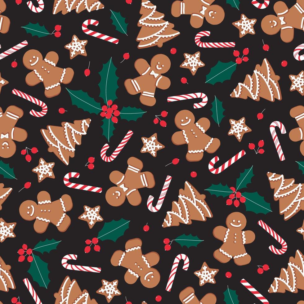 hombres de pan de jengibre, árboles, estrellas con bastones de caramelo y hojas de acebo y bayas sobre fondo negro. patrón de vector transparente para el día de año nuevo. vacaciones de navidad, cocina, fondo de fin de año.
