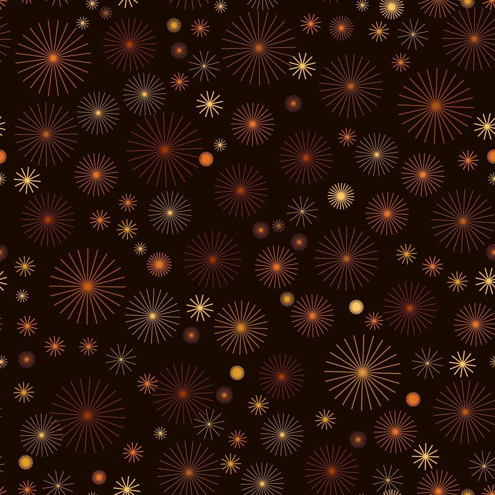 patrón de vector transparente de fuegos artificiales aislado. tonos brillantes de fuegos artificiales geométricos dorados y bronce sobre fondo negro. diseño repetible para tarjetas de navidad, celebración de feliz año nuevo.