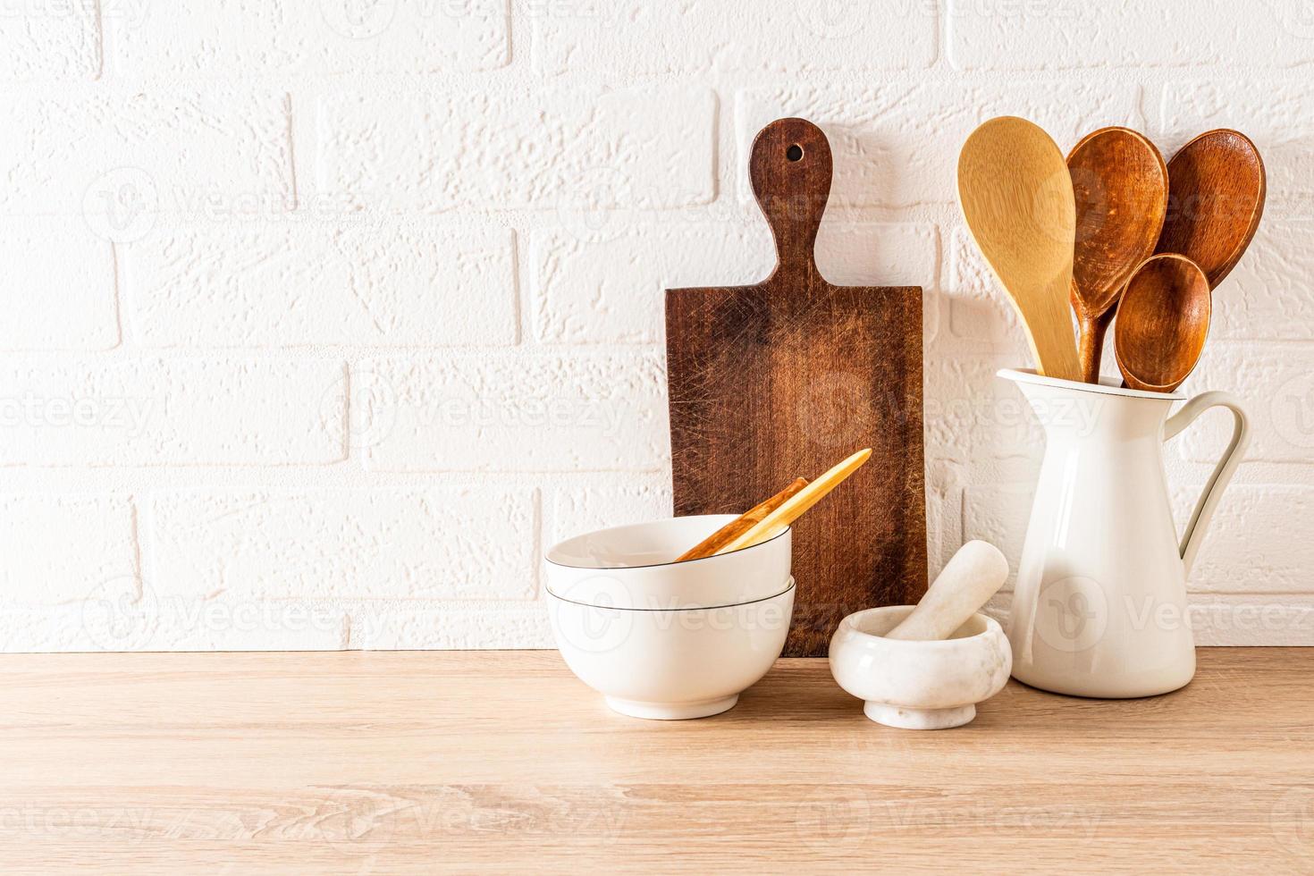 kitchen background for the layout with a copy of the space on a white brick wall. minimalist composition of part of the kitchen countertop. photo