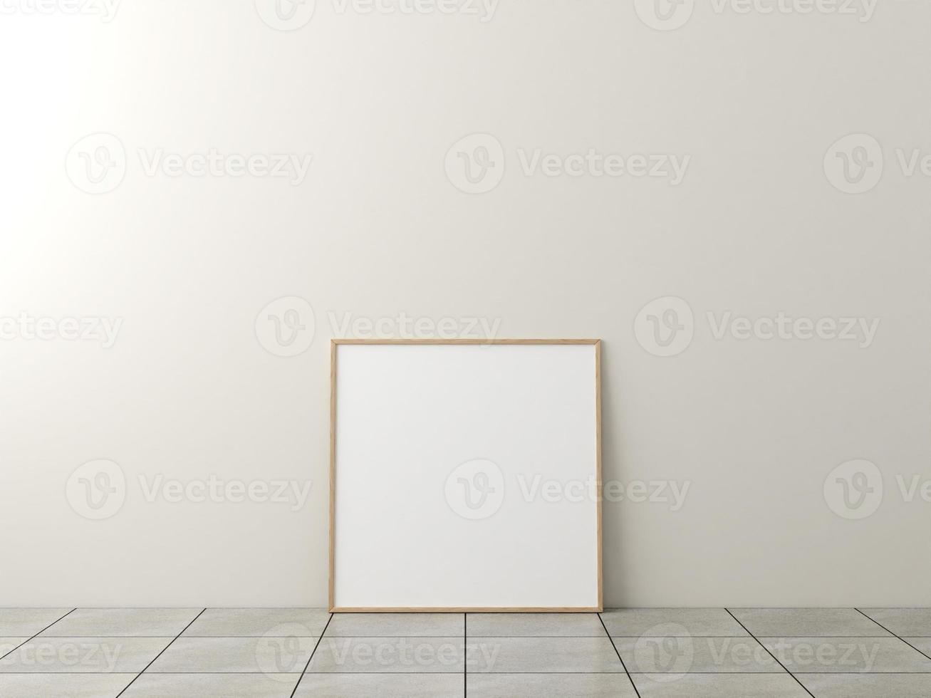 Photo frame mockup. Frame poster on marble floor with white wall. 3d rendering.