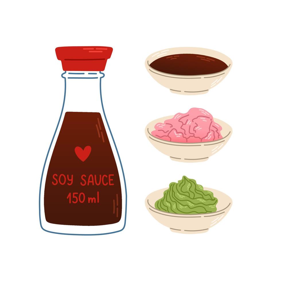 salsa de soja, jengibre, conjunto de wasabi paquete de diseño de logotipo de vector de comida asiática de japón aislado sobre fondo blanco