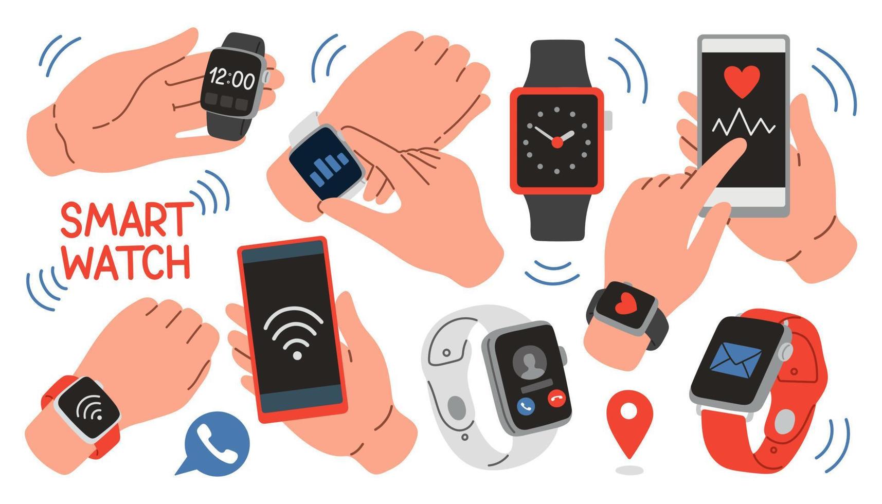 Smart watches vector set. Smart watch collection isolated on white background. Smart watch on hand
