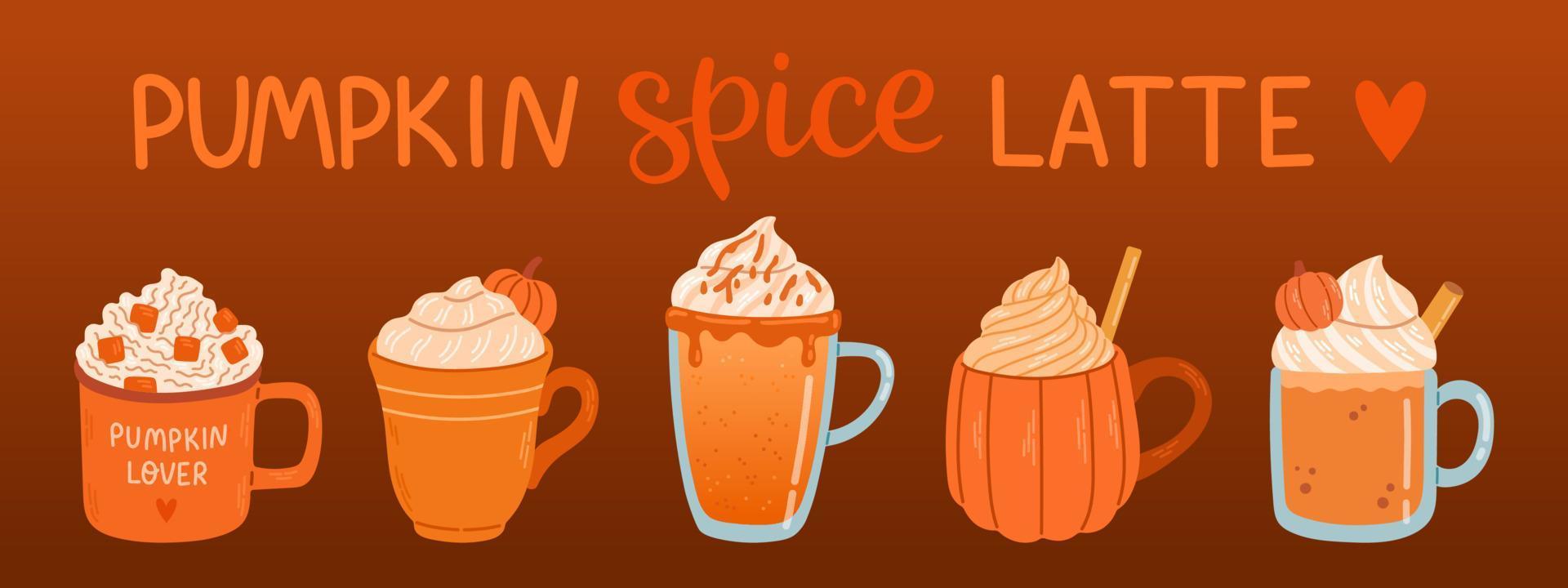 Pumpkin spice latte set. Vector illustration for postcards, stickers, planner, check lists