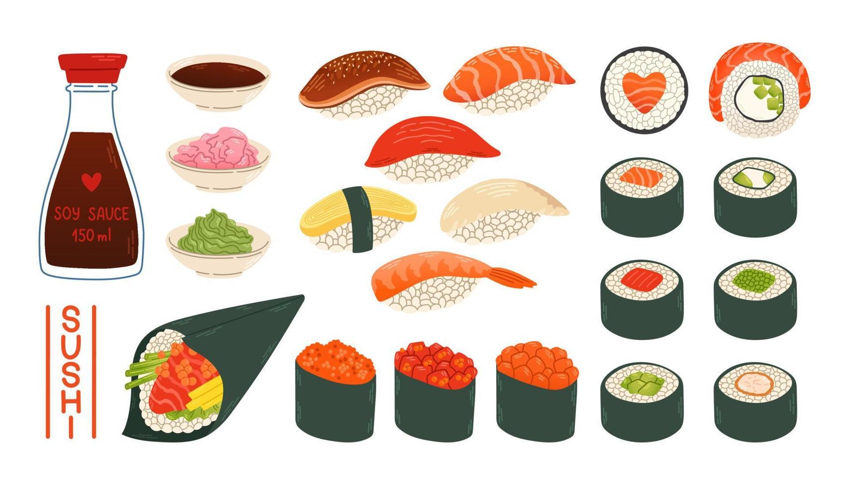 rollos de sushi gunkan temaki salsa de soja jengibre wasabi set japón comida asiática vector logo diseño paquete aislado