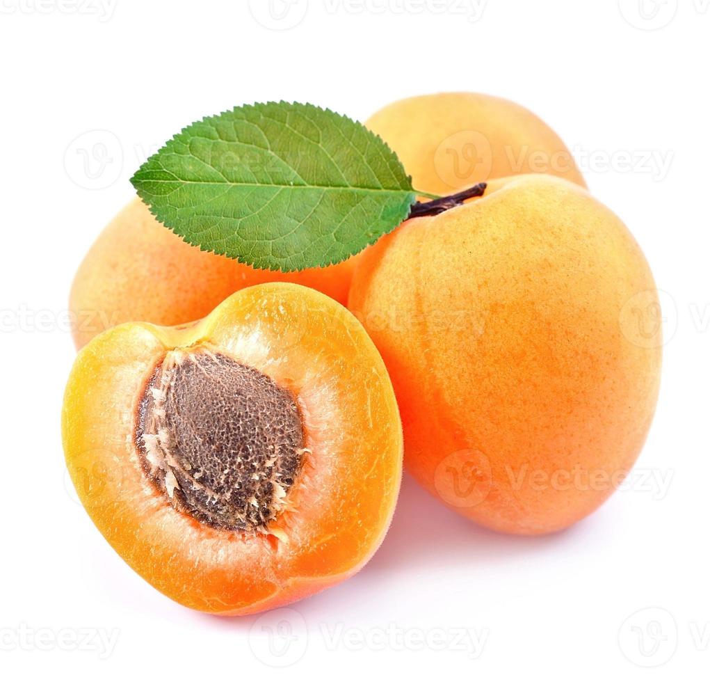 Sweet apricots with leafs isolated photo