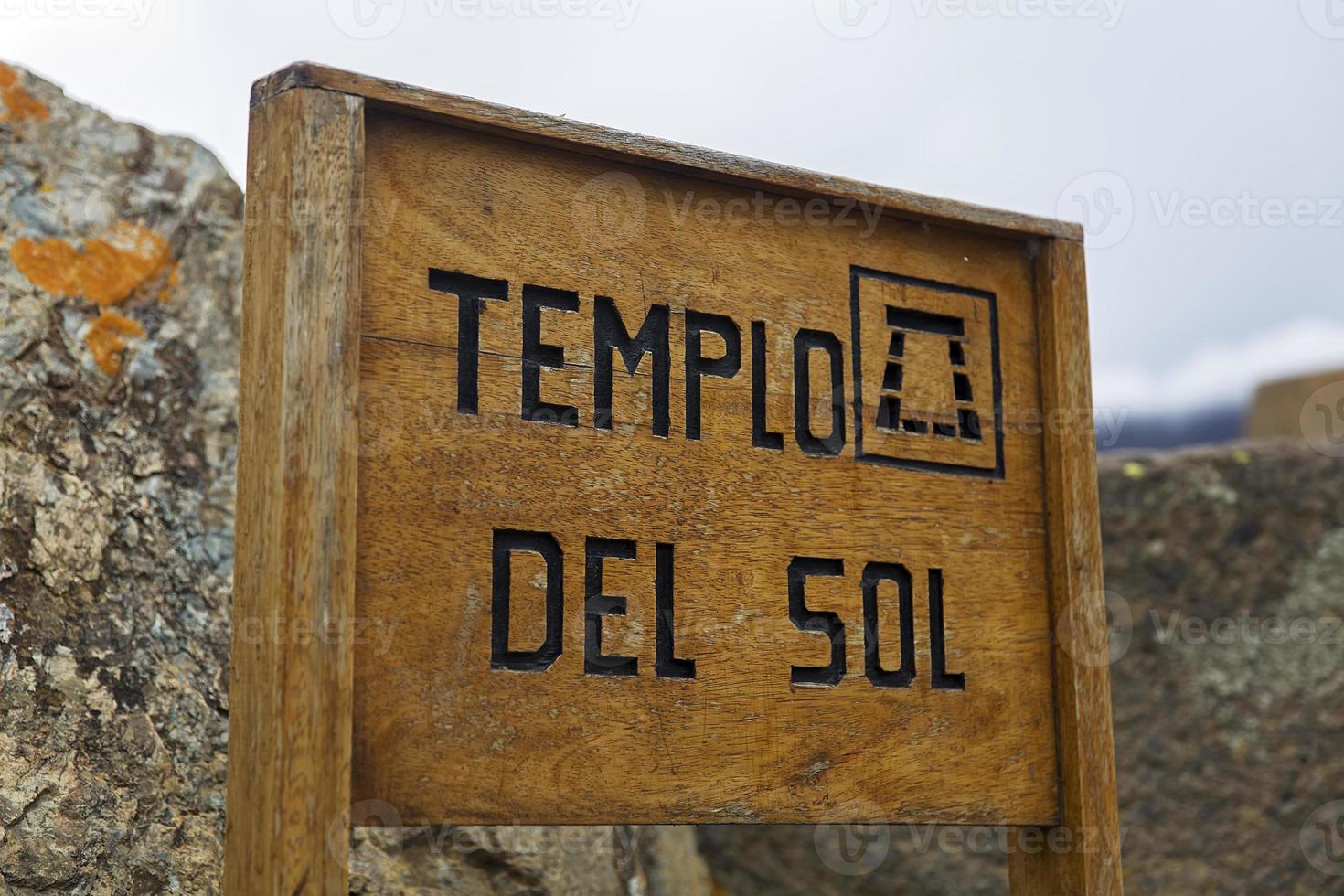 Sign for Templo del Sol at Ollantaytambo Inca archaeological site in Peru photo