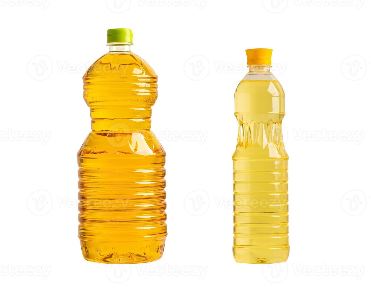 Vegetable oil with olive oil in different bottle for cooking isolated on white background. photo