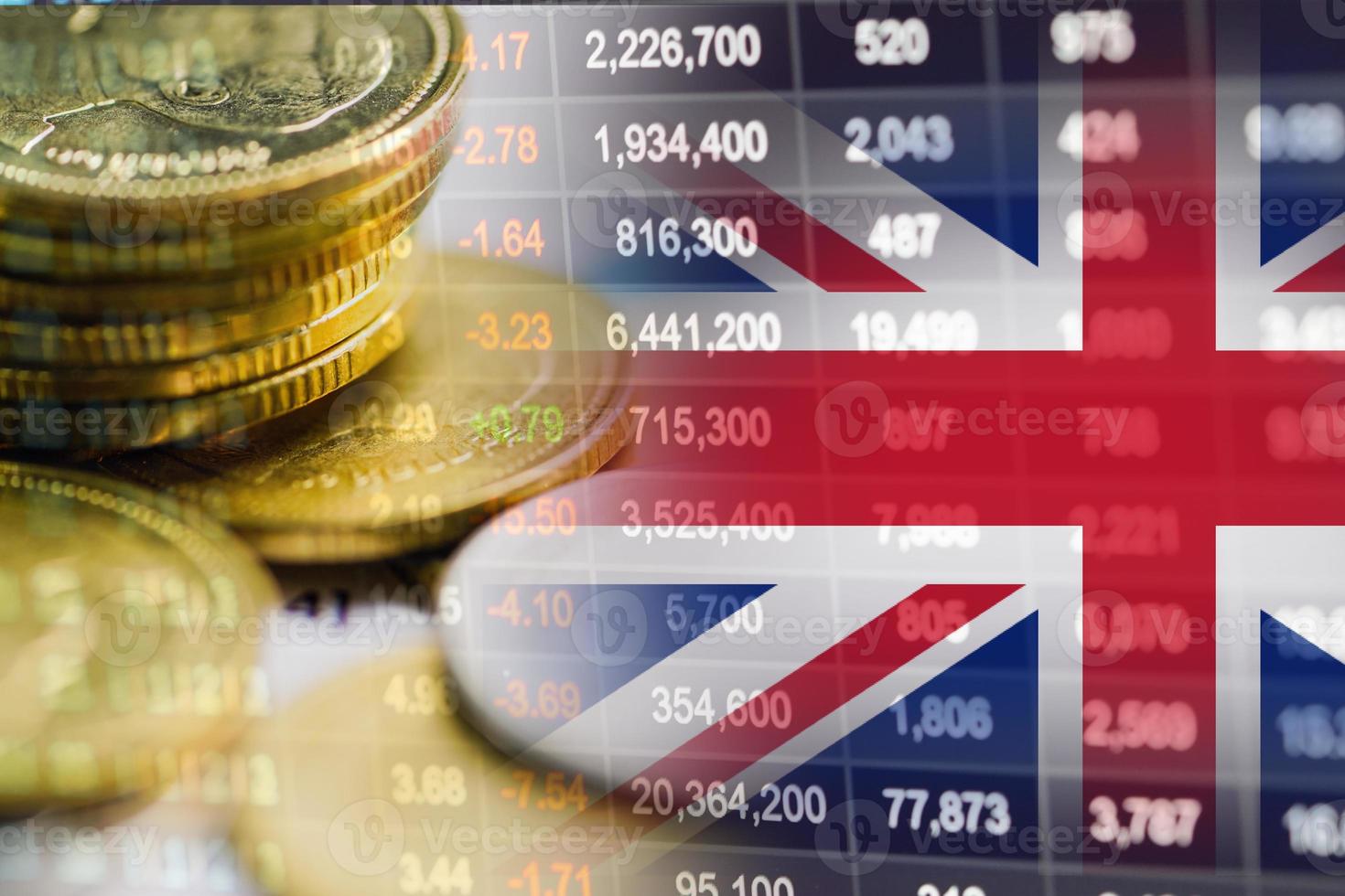 Stock market investment trading financial, coin and United Kingdom flag or Forex for analyze profit finance business trend data background. photo
