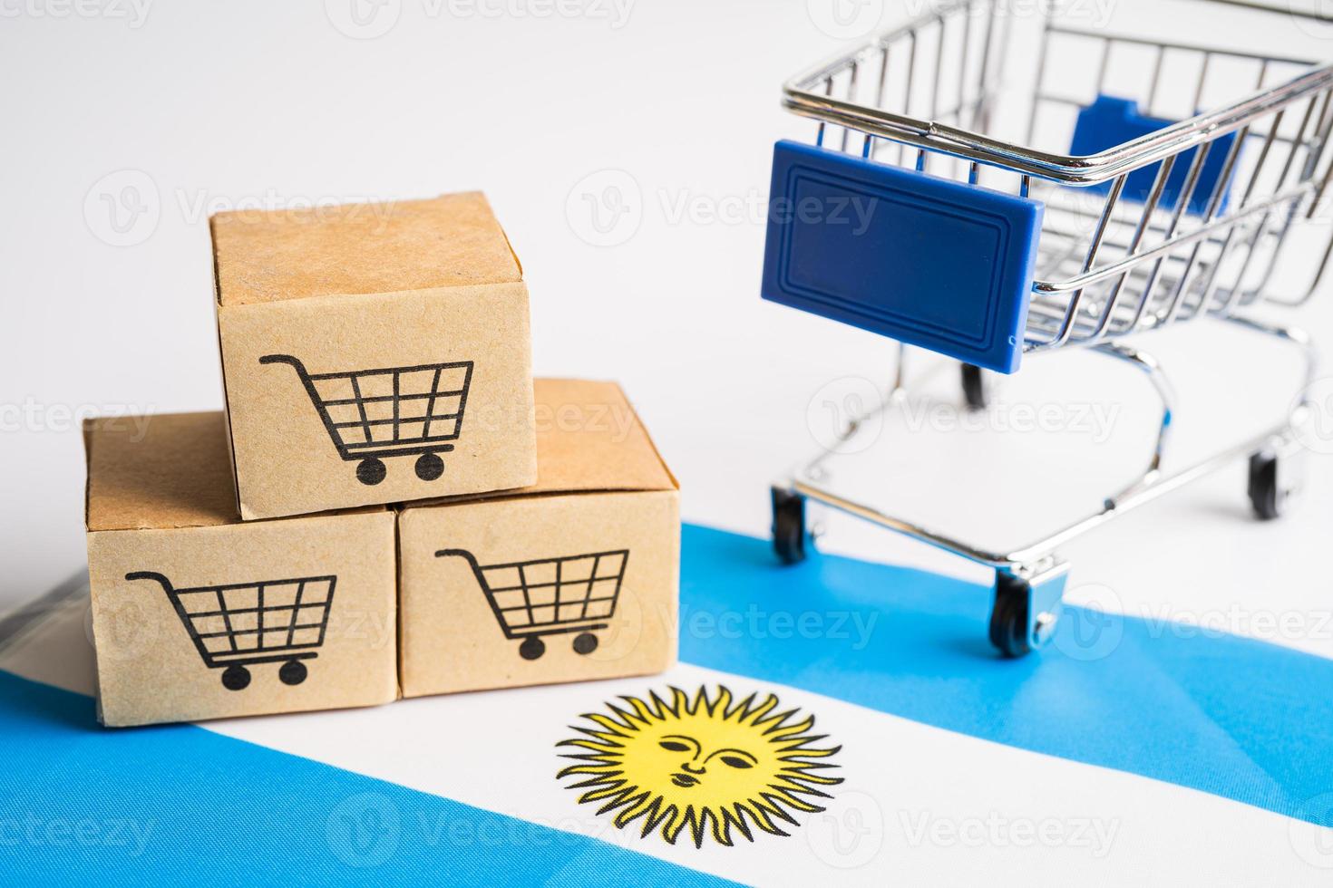 caja con el logotipo del carrito de compras y la bandera argentina, importación, exportación, compras en línea o comercio electrónico, servicio de entrega de finanzas, tienda, envío de productos, comercio, concepto de proveedor. foto