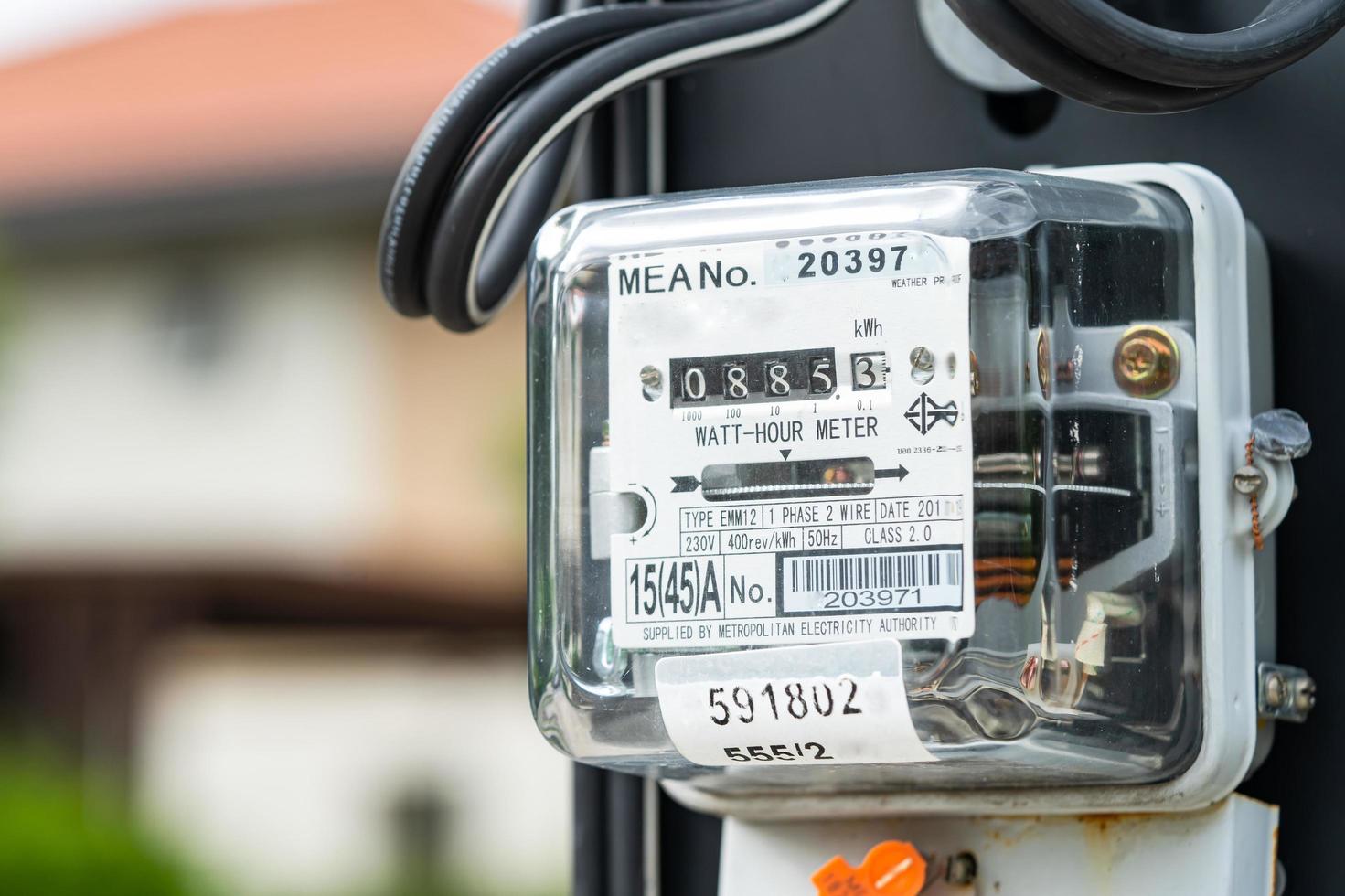 Bangkok, Thailand October 14, 2022 Electric measuring power meter for energy cost at home and office. photo