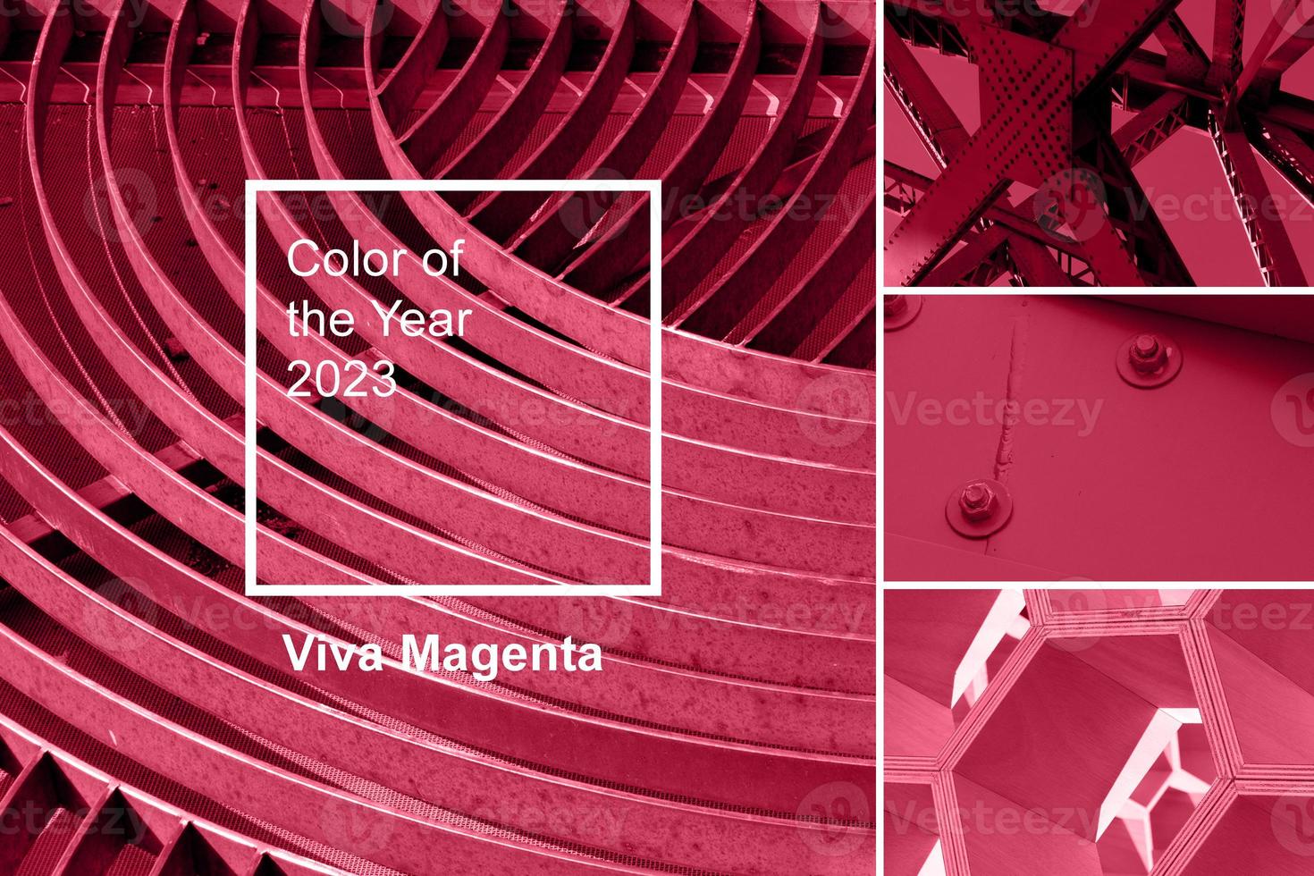 Trendy color of year 2023 - Viva Magenta. Fashion color palette sample. Abstract new color swatch collage photo