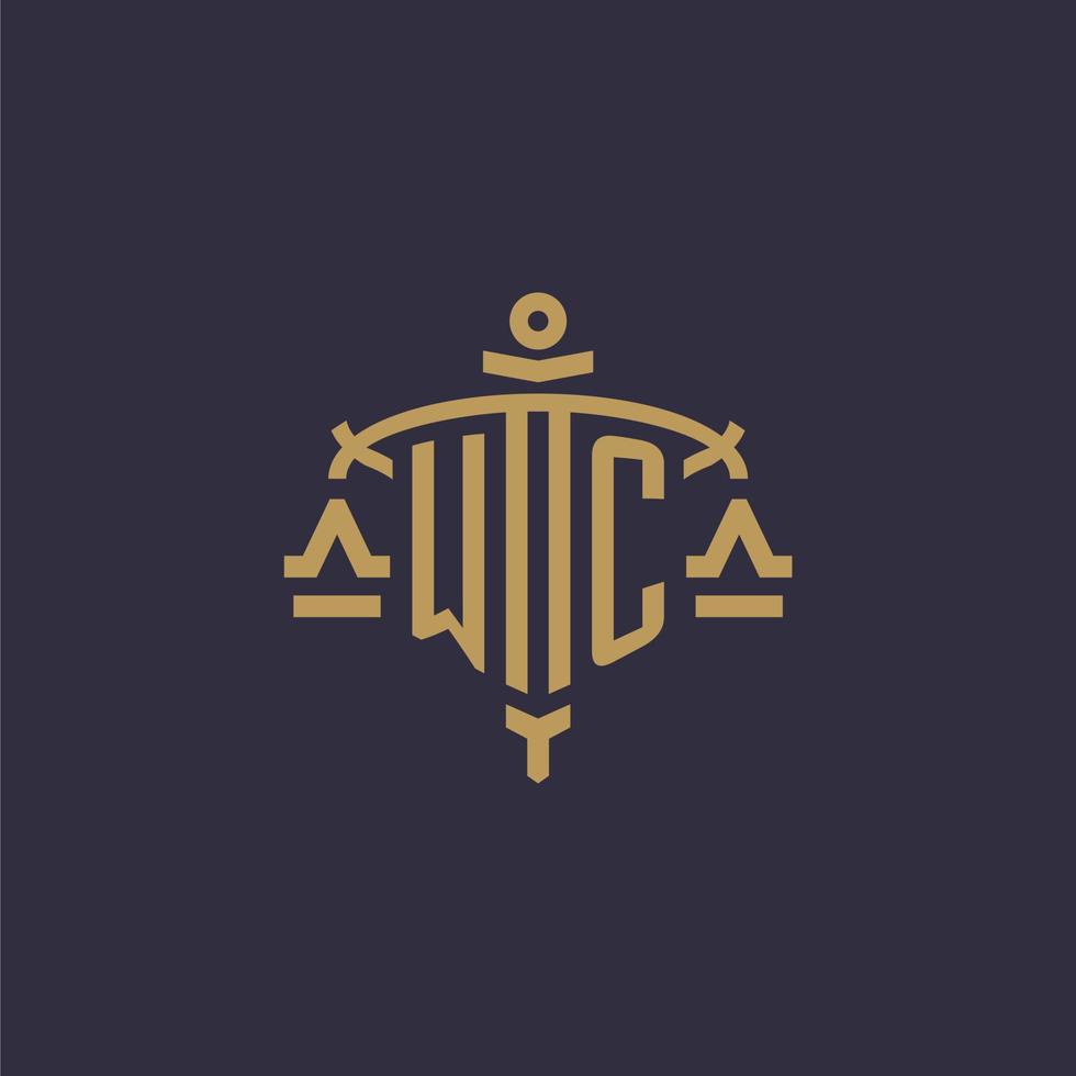 Monogram WC logo for legal firm with geometric scale and sword style vector