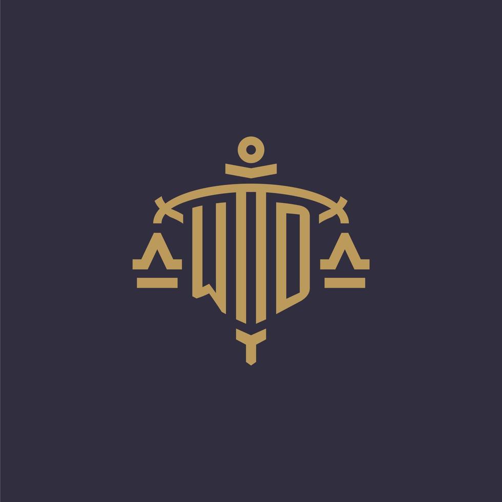 Monogram WD logo for legal firm with geometric scale and sword style vector