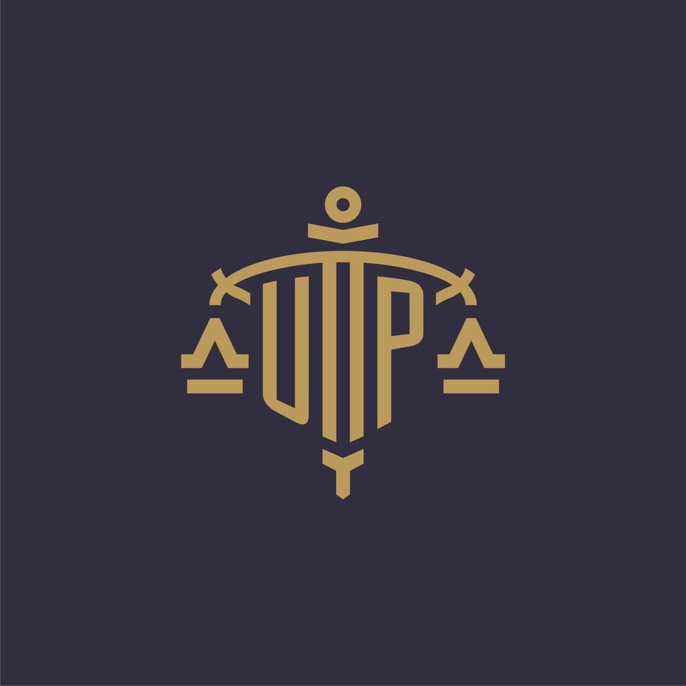 Monogram UP logo for legal firm with geometric scale and sword style vector